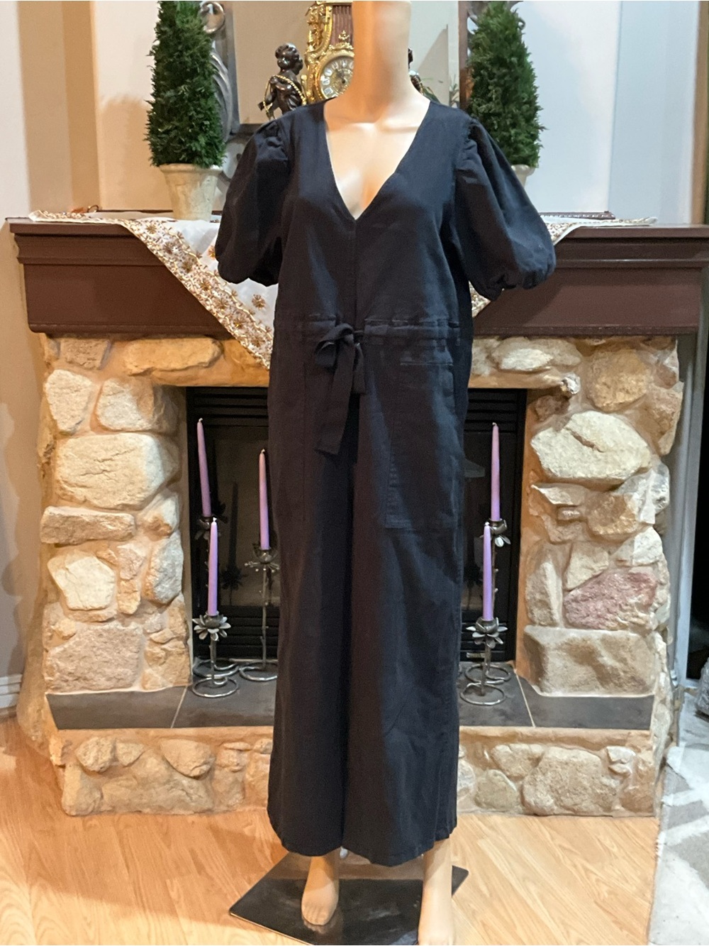 ASOS Black V-Neck Wide-Leg Jumpsuit with Tie Waist and Puff Sleeves